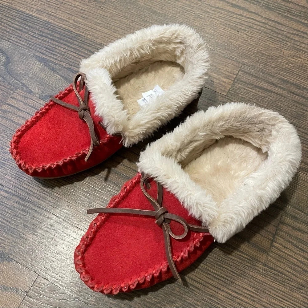 J.Crew Red Suede Lodge Moccasins Faux Fur Cozy